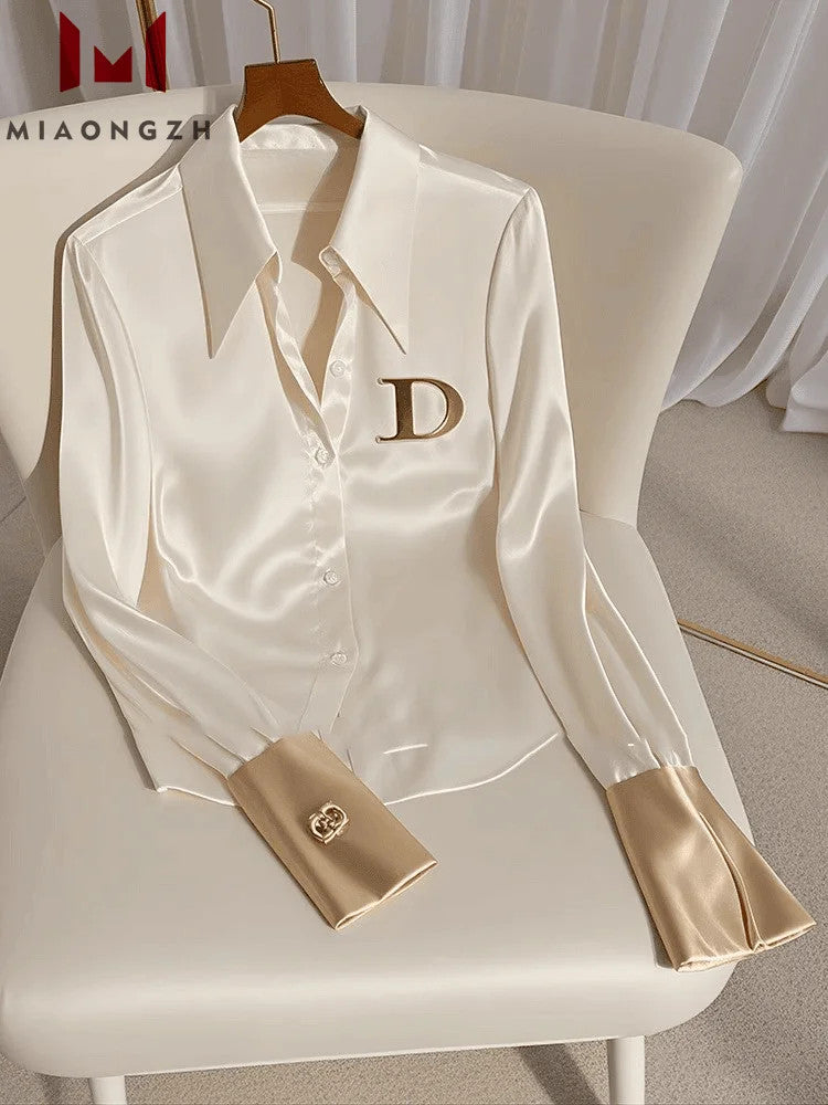 High Quality Fashion Women's White Satin Shirt Turn Down Collar Long Sleeve