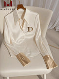 High Quality Fashion Women's White Satin Shirt Turn Down Collar Long Sleeve