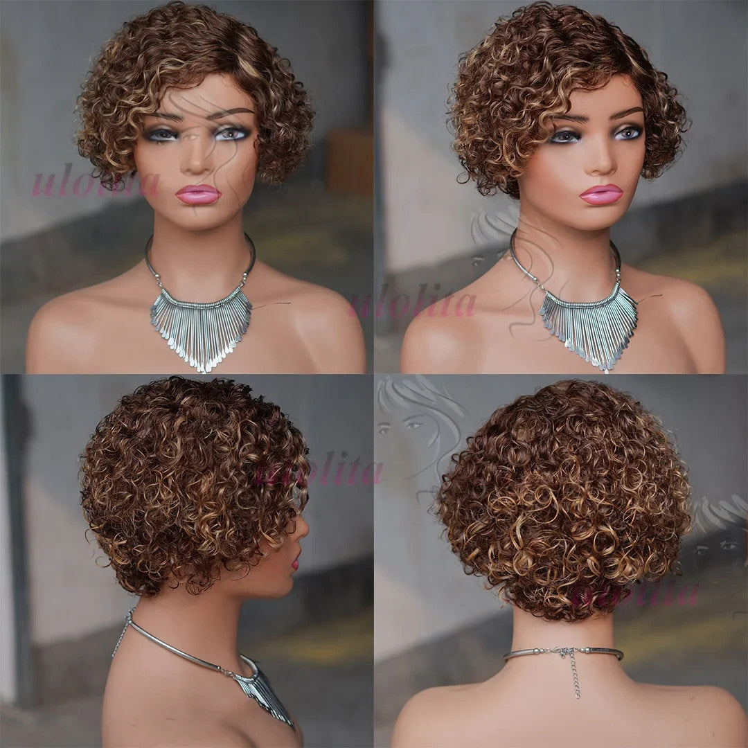 Ombre Blonde T1B27Pixie Cut Short Curly Bob Side Part Non Lace Front 100%