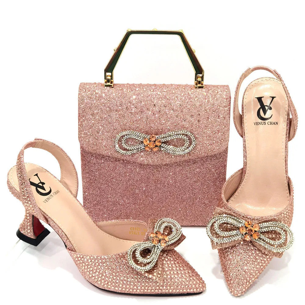 Women's Rhinestone Bow Side Italian Party Shoes And Bags Set