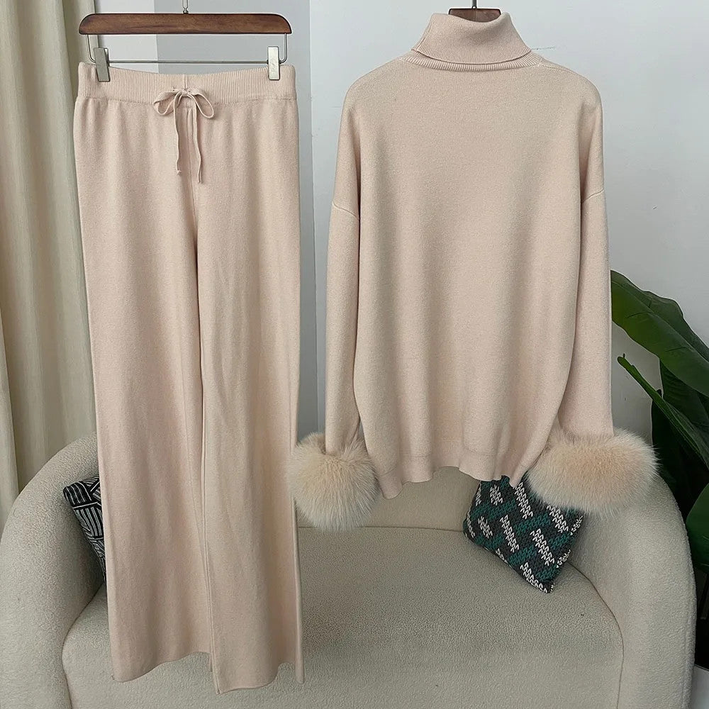 Fashion Autumn Winter Natural Real Fox Fur Cuffs Coat Knitted Sweater Women