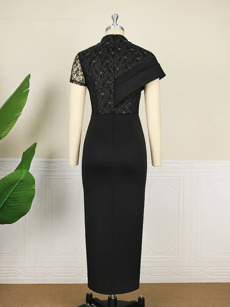 Women's High Neck Lace Patchwork Bodycon Midi Dress – Slim Sheath Evening Gown | Polyester | S–4XL | Black & Wine