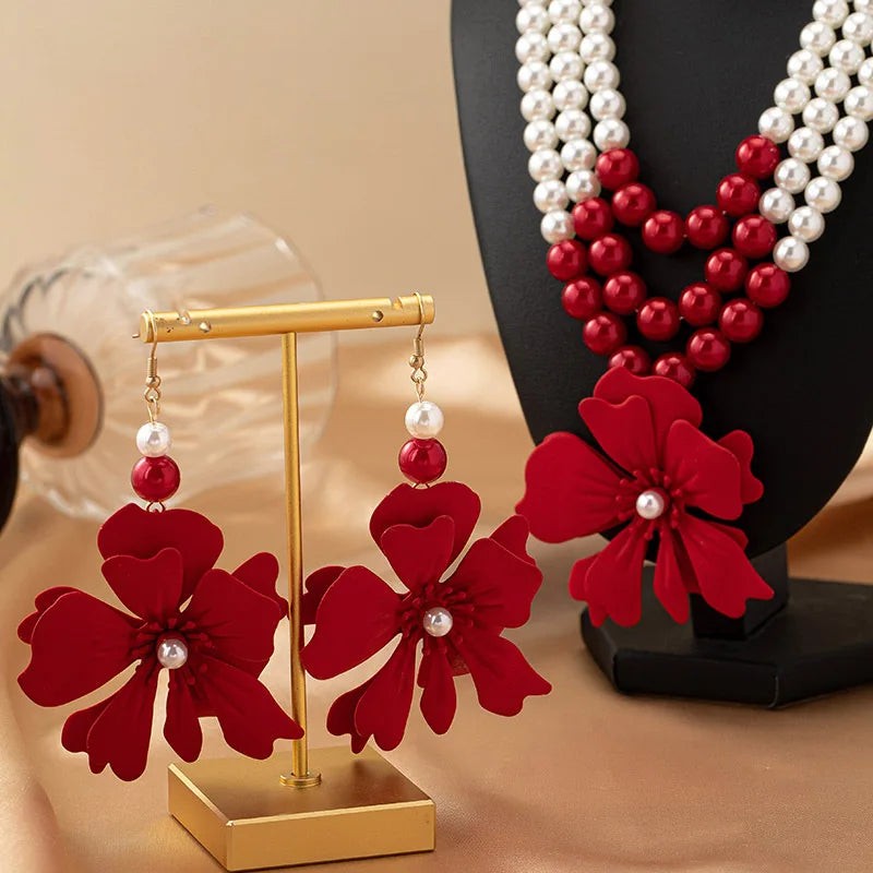 Necklace Big Red Flowers Pendant 3 Layers of Pearl Chain Women Girls Gifts
