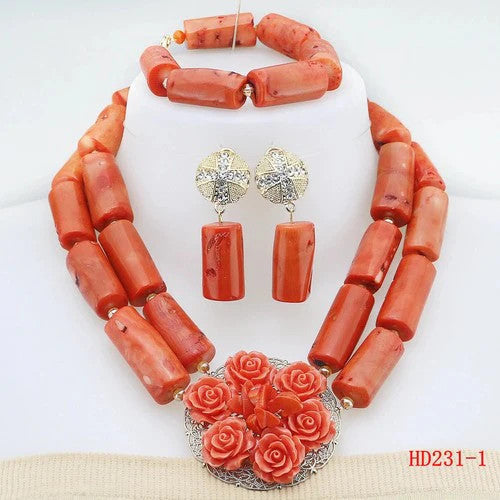 Double Layers Original Coral Nigerian Wedding Beads Jewelry Set Women Coral