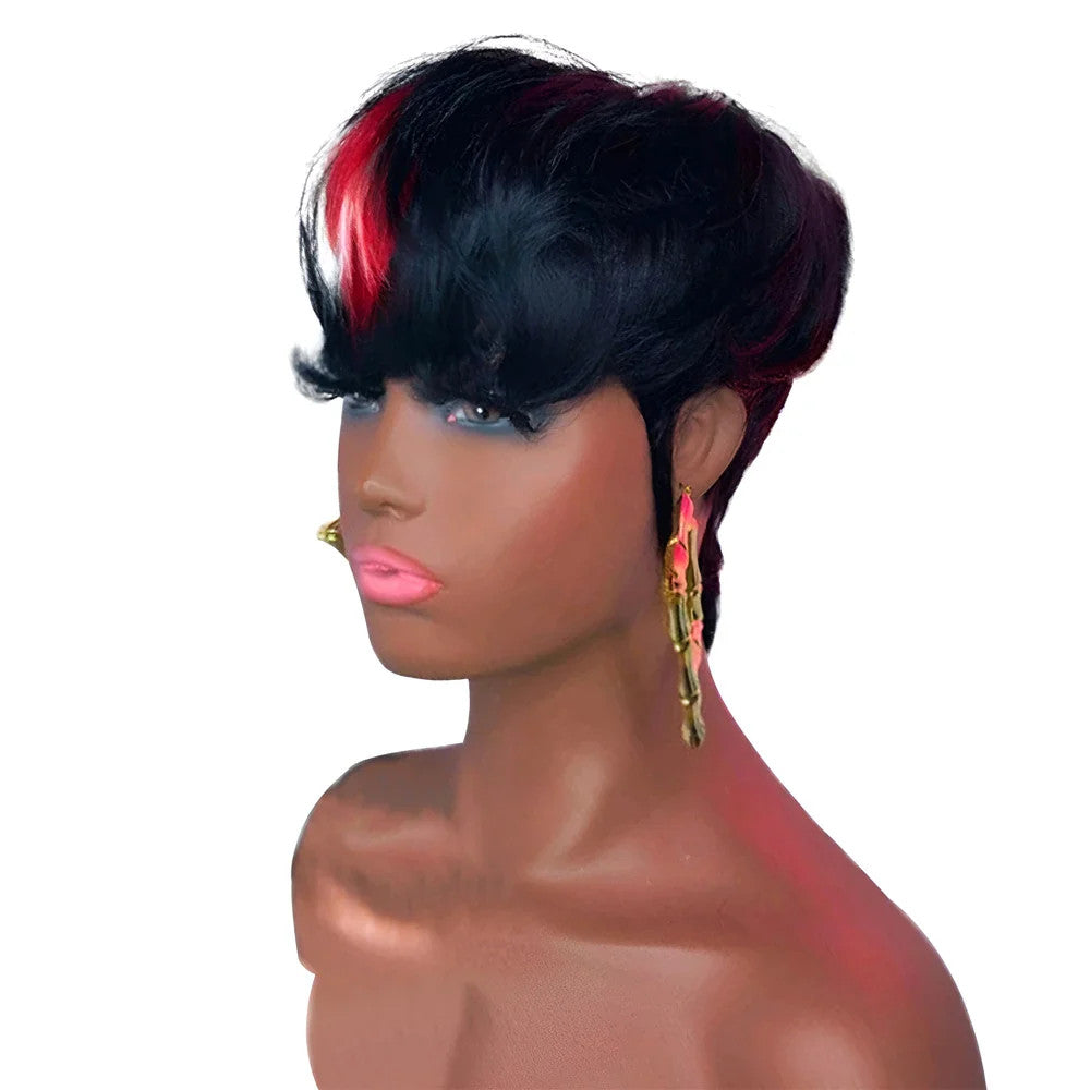 613 Blue Highlight Short Straight Bob Wigs Pixie Human Hair Wig With Bangs Full