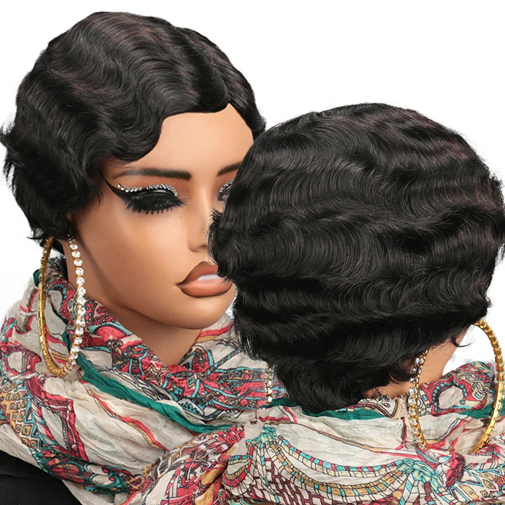 Women's Brown Short Ocean Pixie Wave 100% Human Hair Wig
