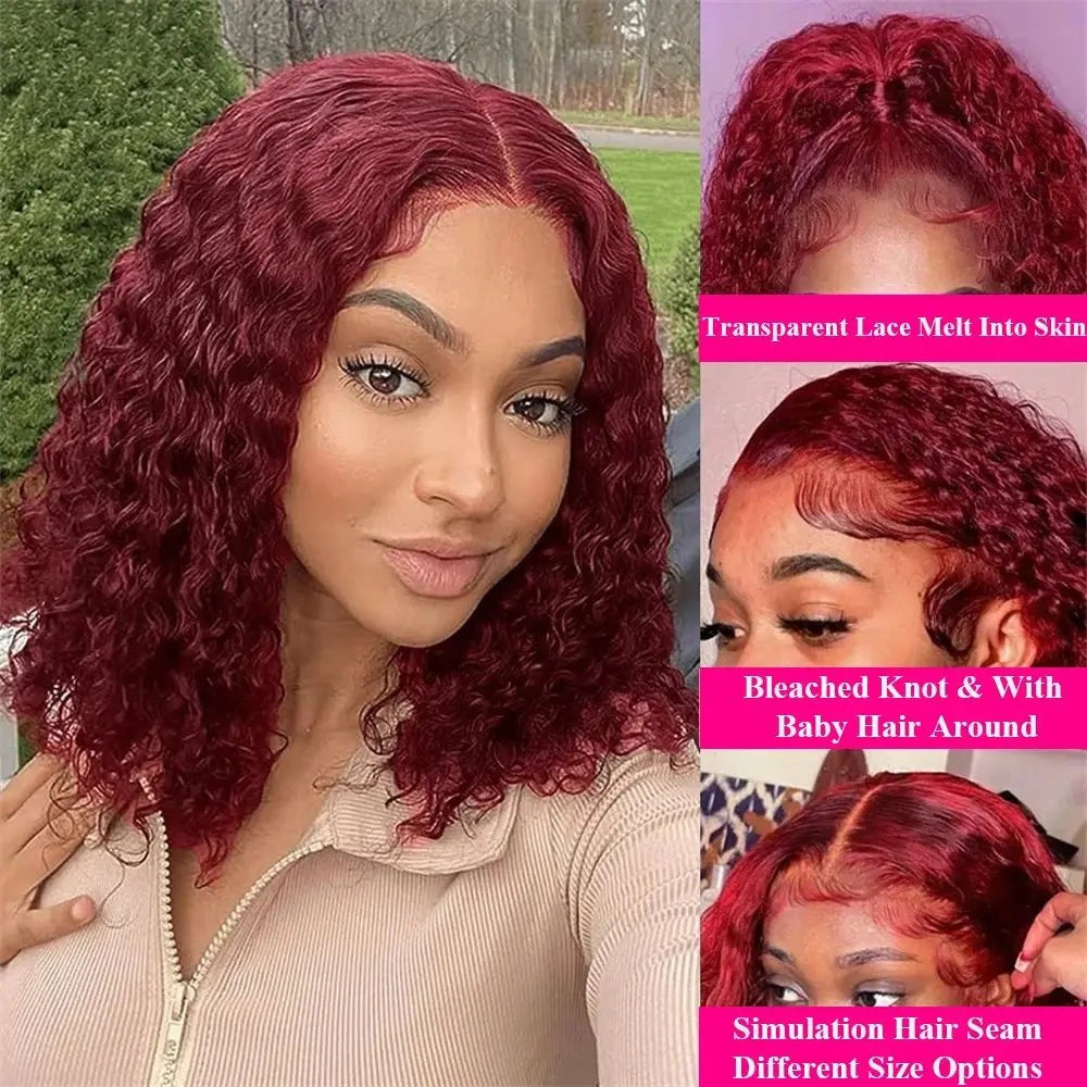 Burgundy 99J Deep Wave Short Bob Wigs 100% Human Hair Wig Water Curly Wig Baby