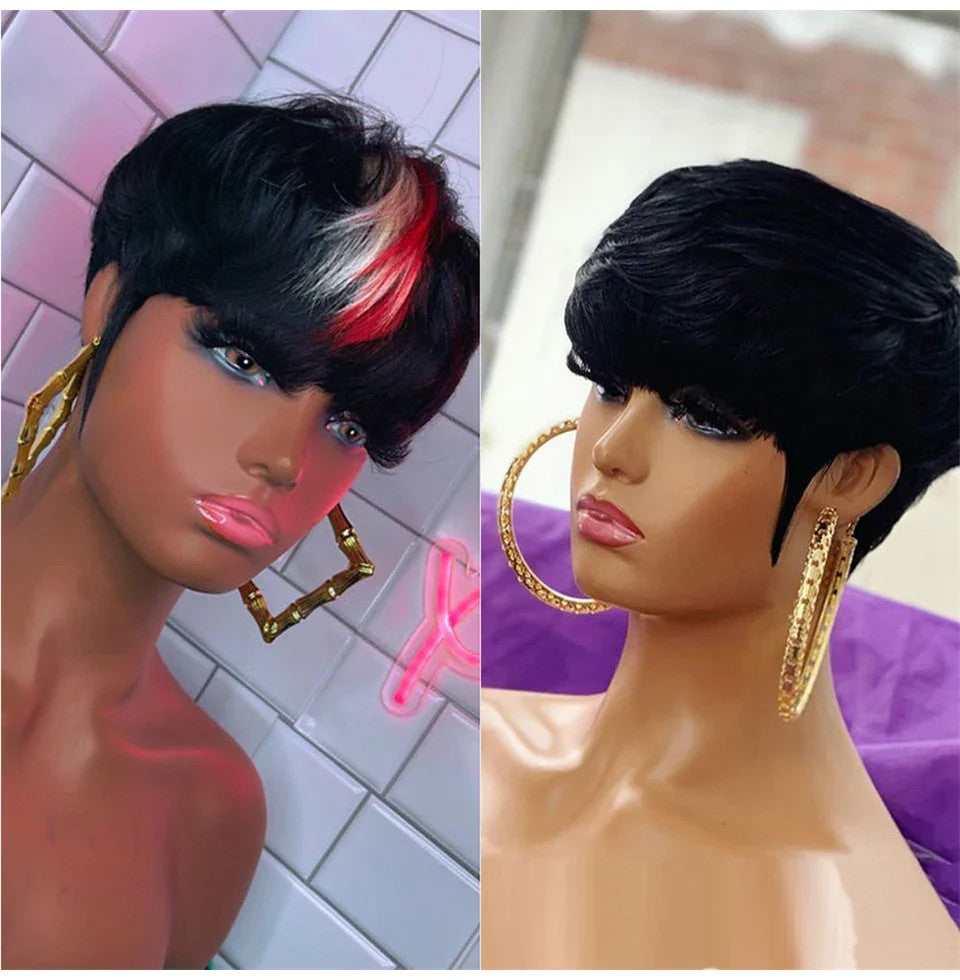 613 Blue Highlight Short Straight Bob Wigs Pixie Human Hair Wig With Bangs Full