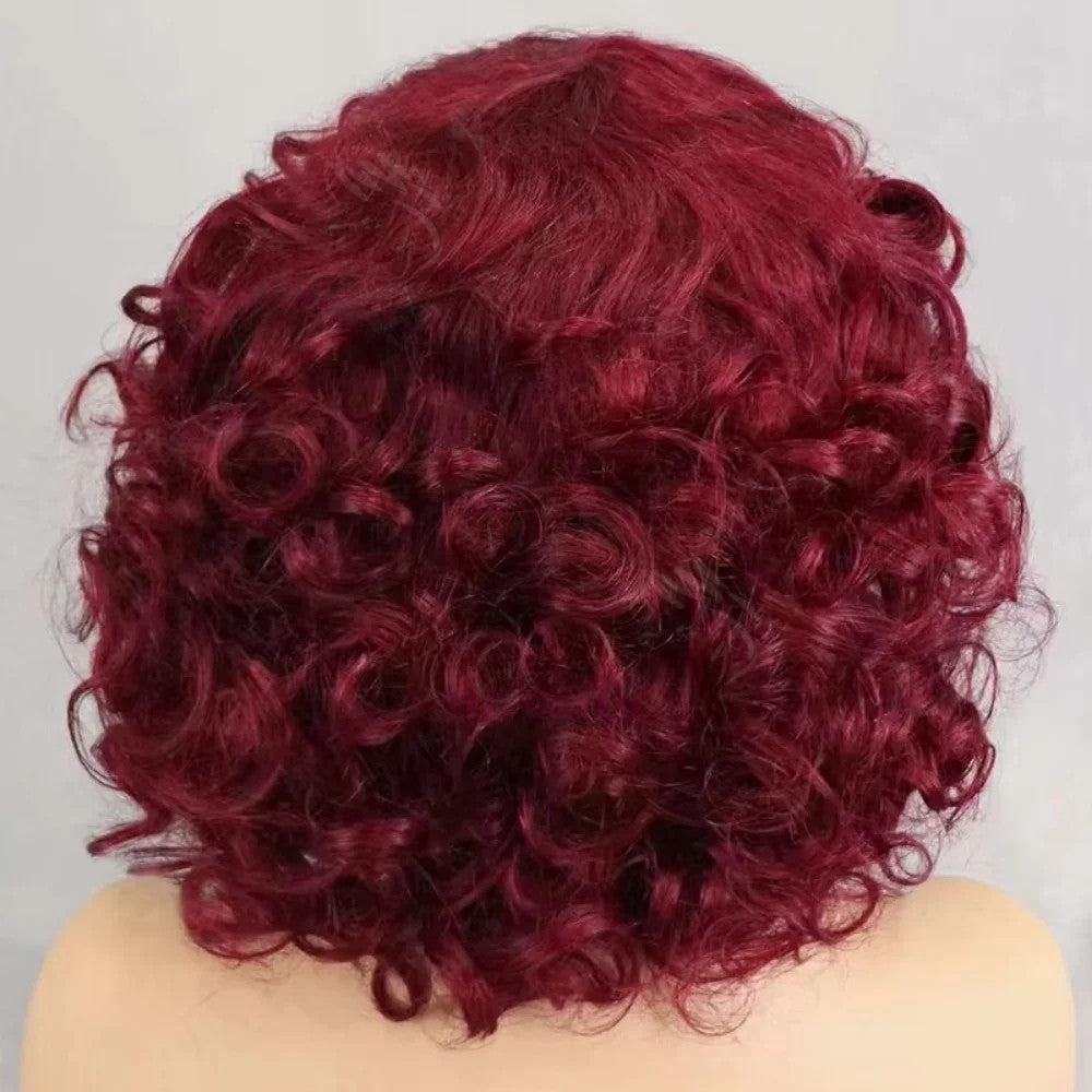 99J burgundy Fumi Curly Bob Wig Bouncy Pixie Cut Wig Highlight Full Machine Egg
