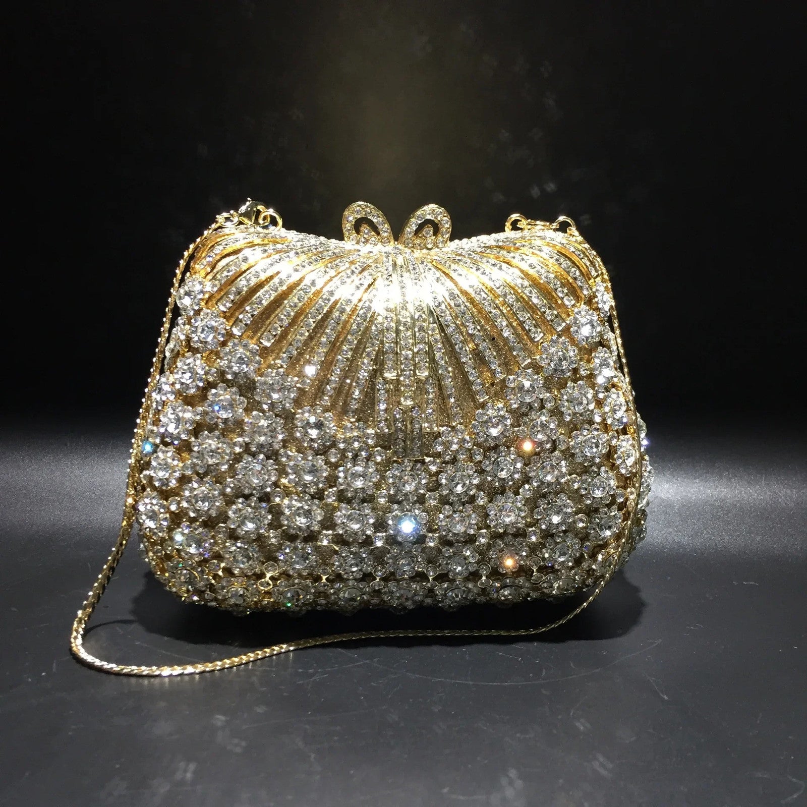Women Gold Color Flower Rhinestones Clutch Bags Crystal Evening Purse Stones