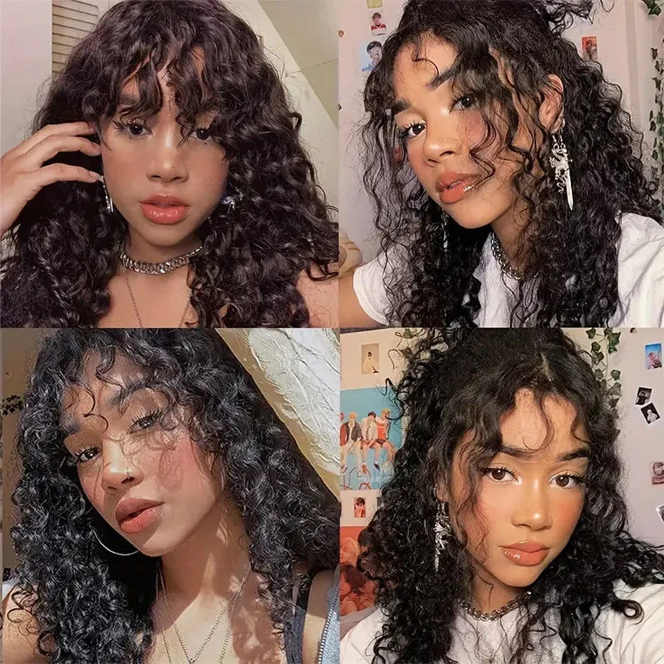 Wear and Go Glue less Wig Water Wave Human Hair Wigs with Bangs for Black Women