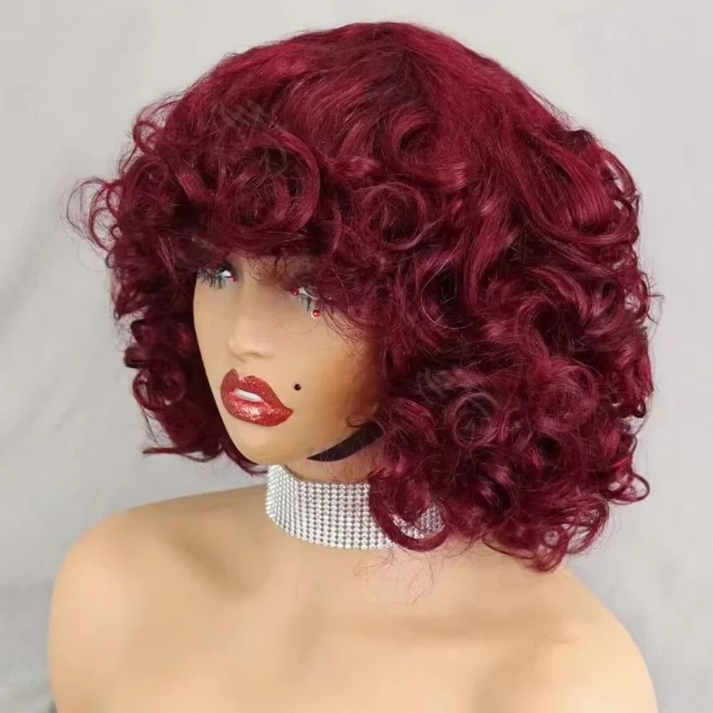 99J burgundy Fumi Curly Bob Wig Bouncy Pixie Cut Wig Highlight Full Machine Egg
