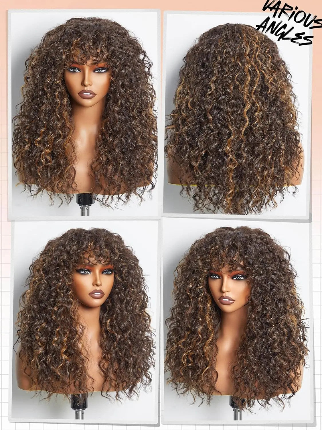 100% Human Hair Wigs with Bang Full Wig Brown Black Highlight Water Wave