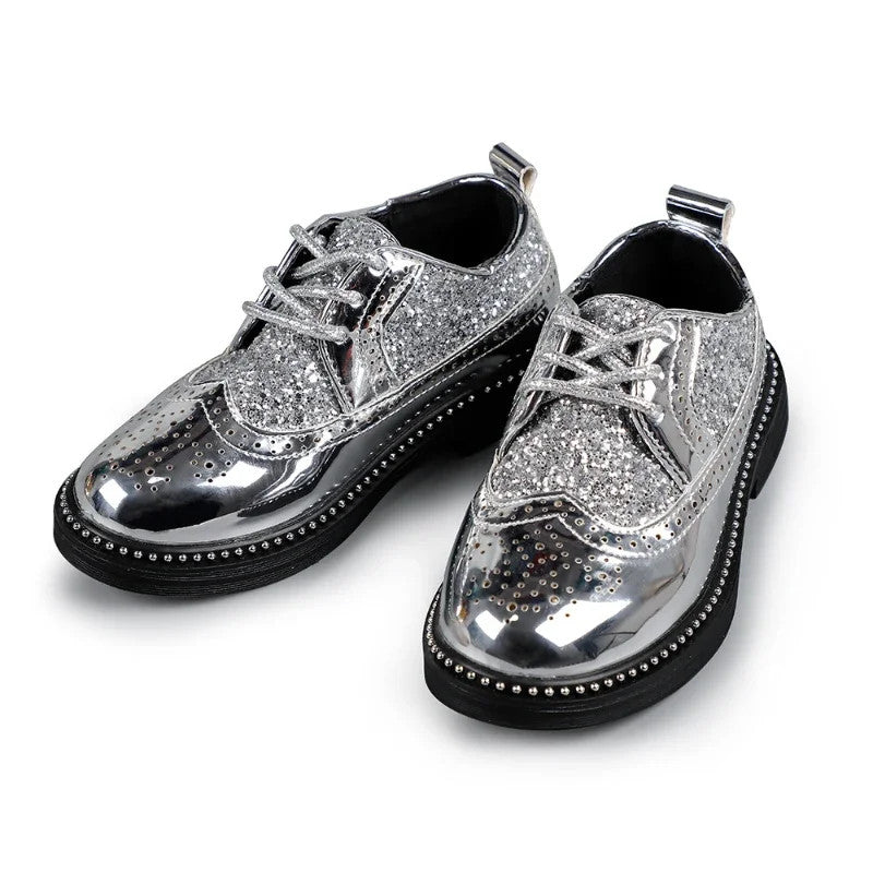 Boys Hollow Out silver Shoes Leather for Kids Party Wedding Dance Shoe Dress