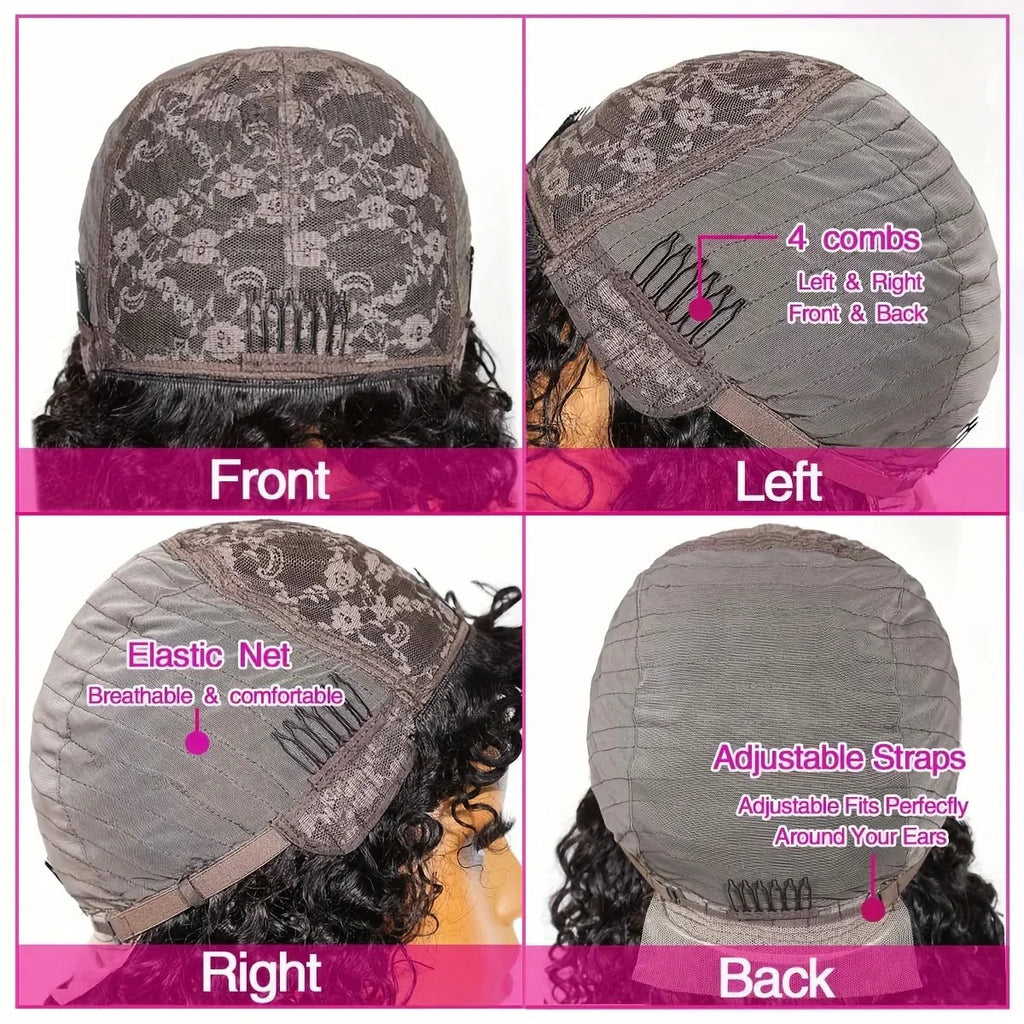 Wear and Go Glue less Wig Water Wave Human Hair Wigs with Bangs for Black Women
