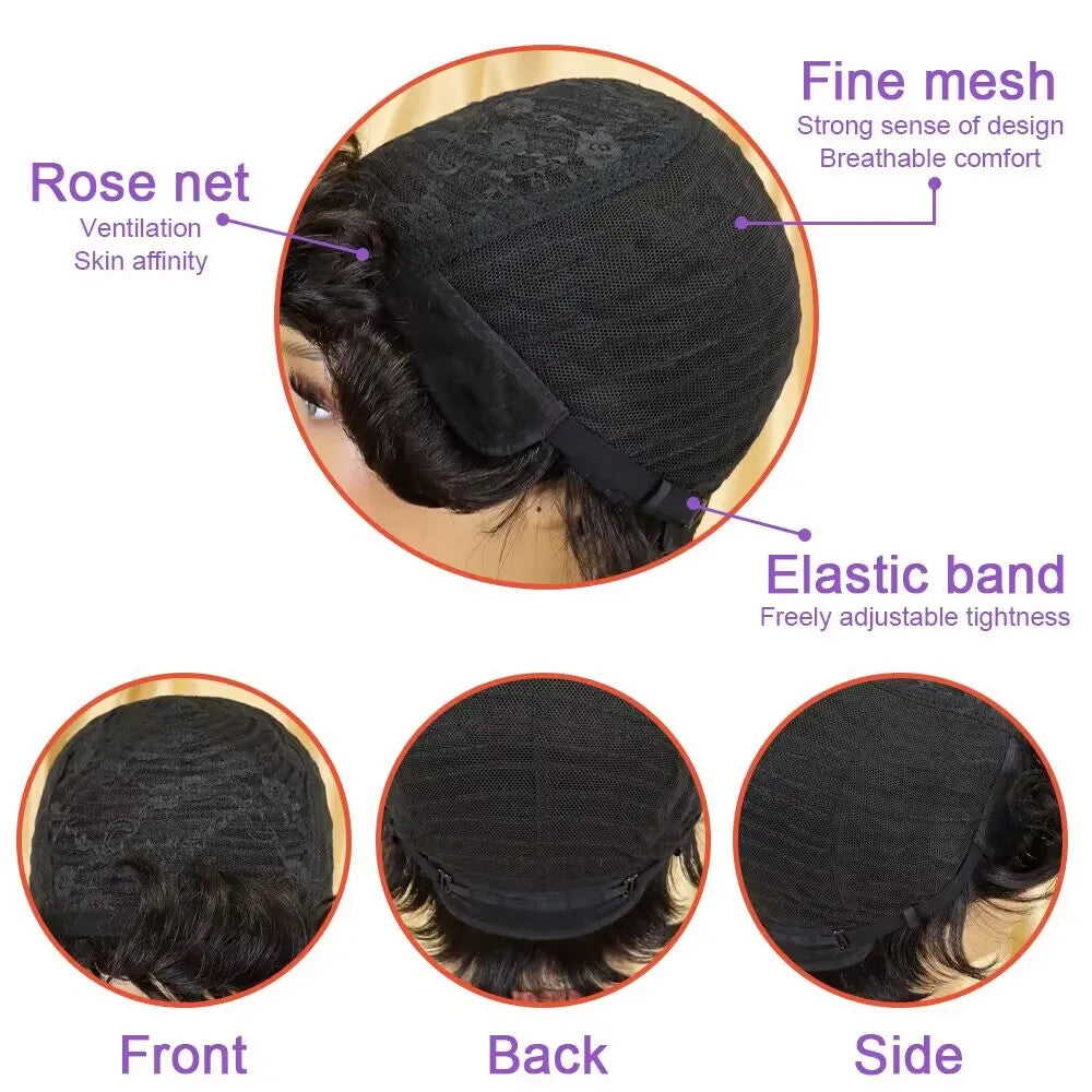 150% Density Brazilian Finger Wave Curly Pixie Human Hair Wig