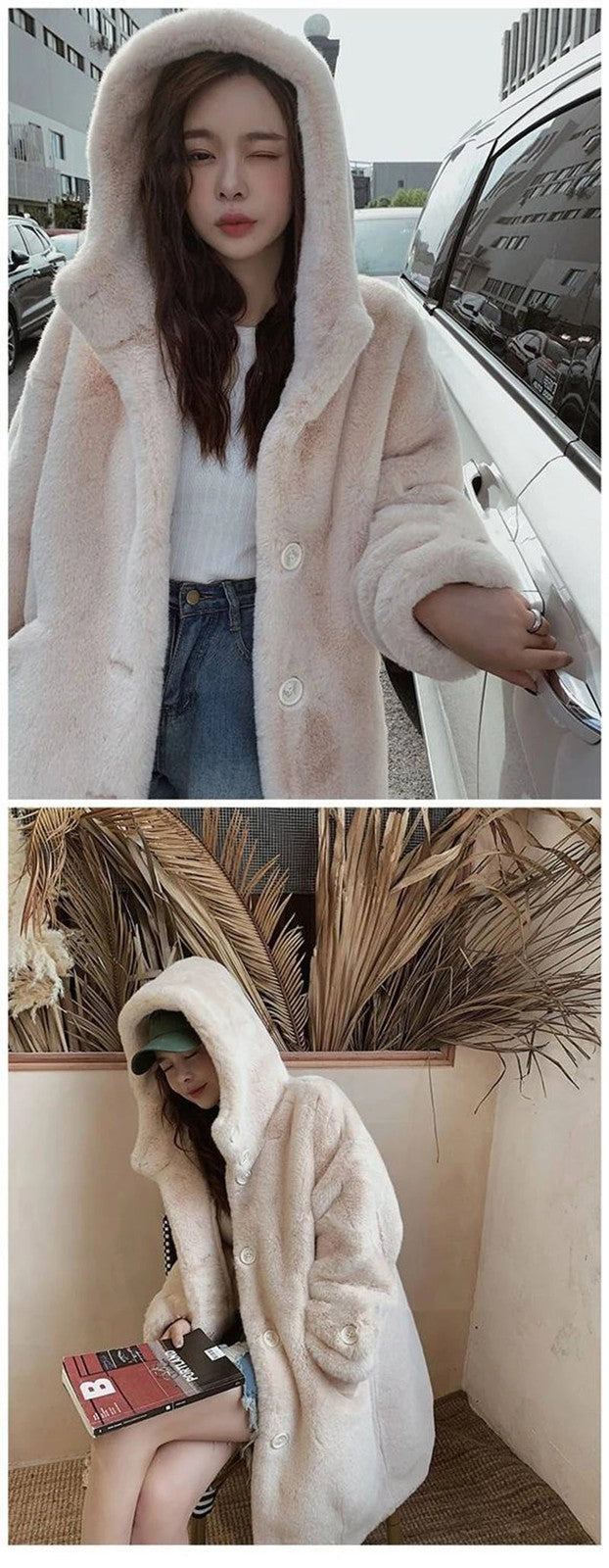 Winter Women's Faux Rabbit Fur Coat Hooded Thick And Plush Jacket