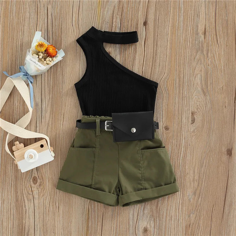 1-5 Years Infant Girl Casual Set Tanks Tops + Shorts + Waist Bag Pockets