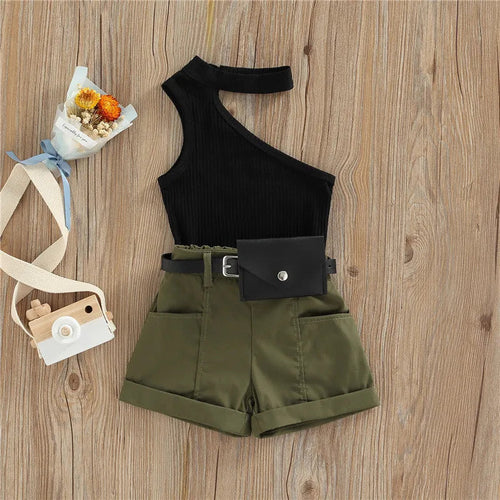 1-5 Years Infant Girl Casual Set Tanks Tops + Shorts + Waist Bag Pockets