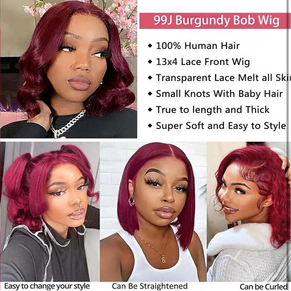 Human Hair Straight Bob Wigs 100% Human Hair 99J Burgundy Color Glueless Bob