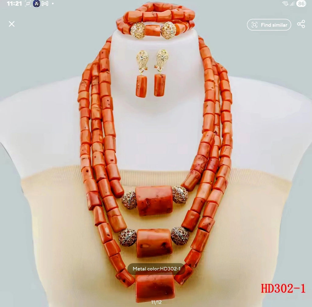Double Layers Original Coral Nigerian Wedding Beads Jewelry Set Women Coral