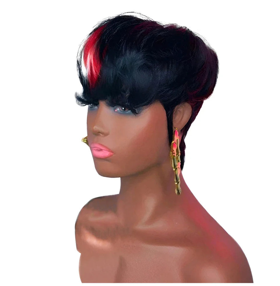 613 Blue Highlight Short Straight Bob Wigs Pixie Human Hair Wig With Bangs Full
