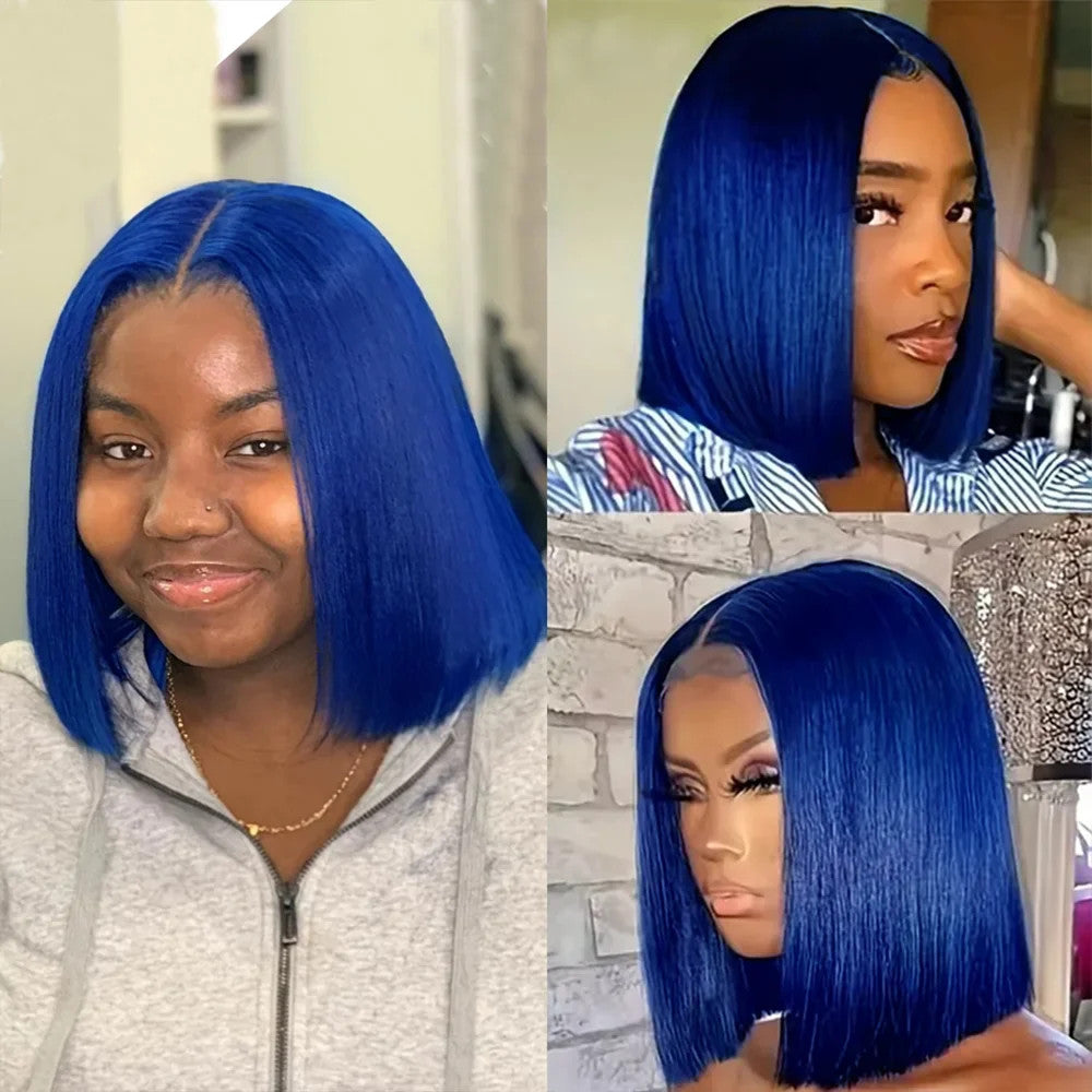 Brazilian Hair Straight Navy Blue Bob Human Hair Wig 180 Density 13x4 HD Lace