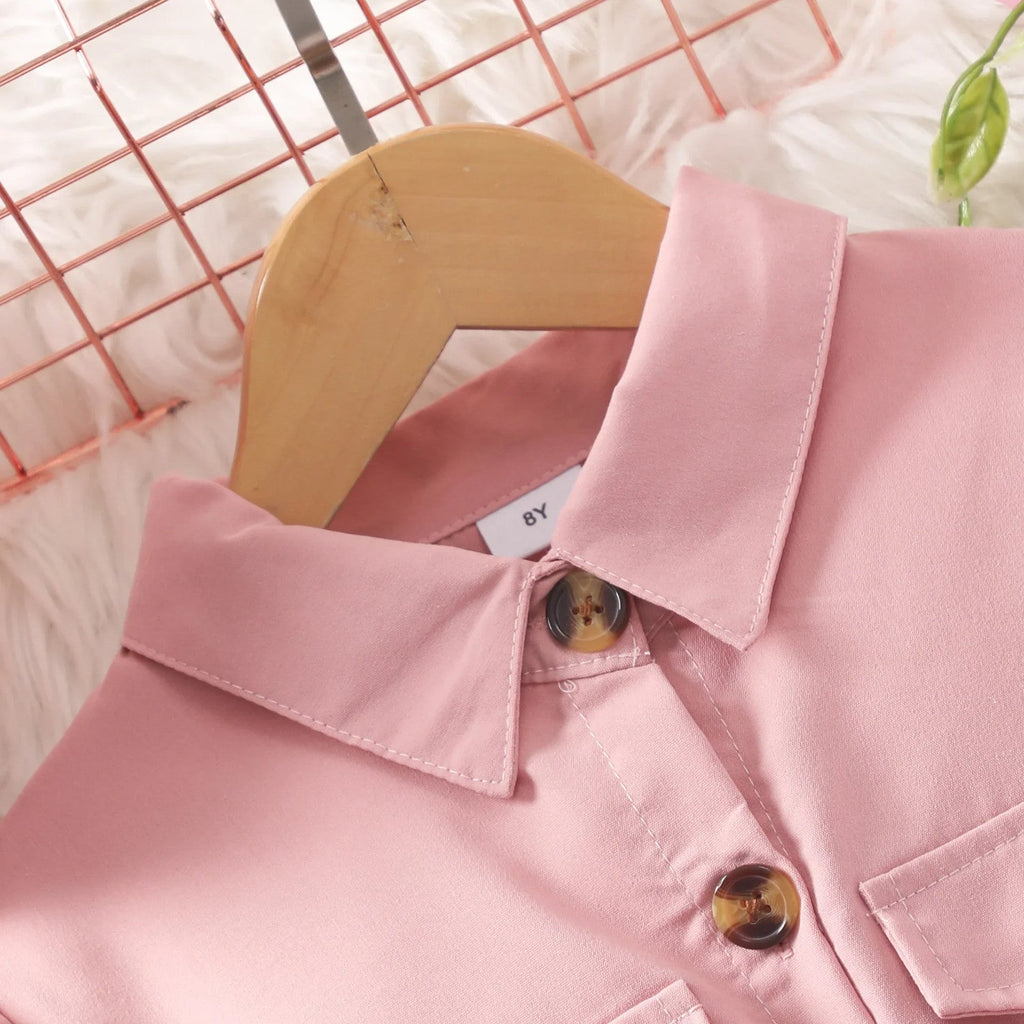 Girls Long Sleeve Solid Colored Dress with Belt Pockets Button up Lapel Collar
