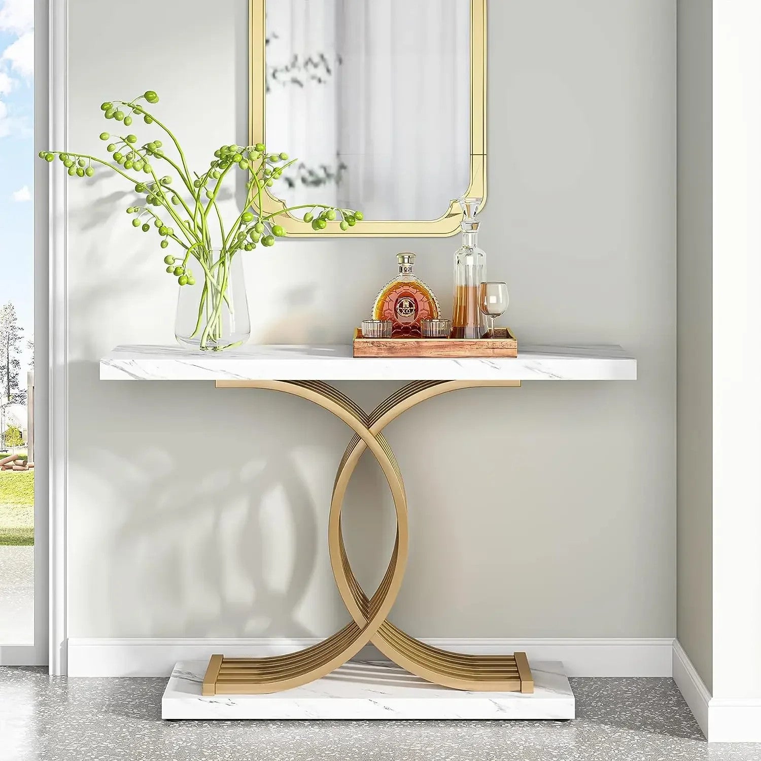 Gold Entryway Table, Modern 39-Inch Console Faux Marble Narrow Wood Sofa with