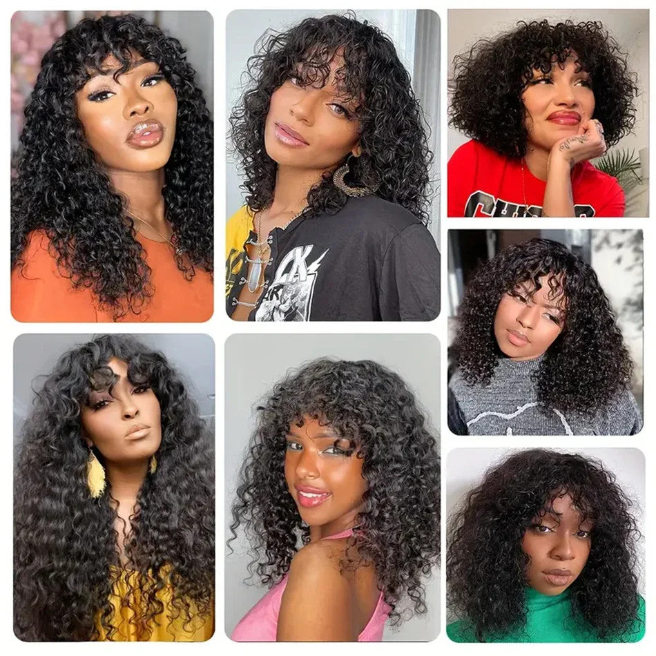 Wear and Go Glue less Wig Water Wave Human Hair Wigs with Bangs for Black Women