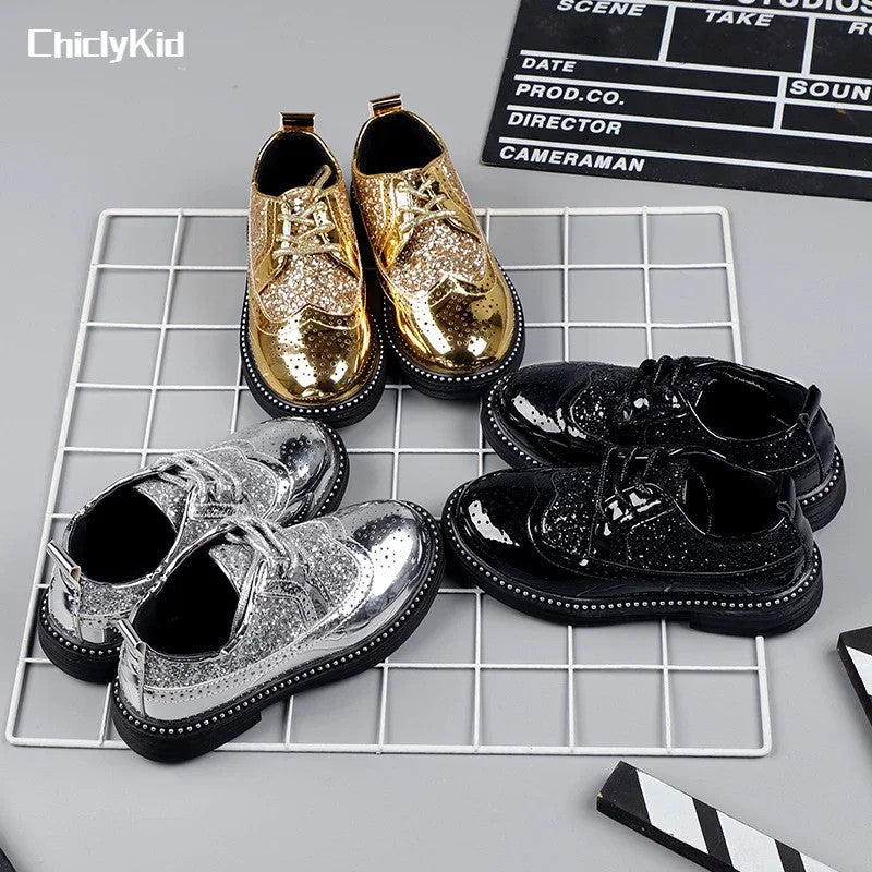 Boys Hollow Out silver Shoes Leather for Kids Party Wedding Dance Shoe Dress