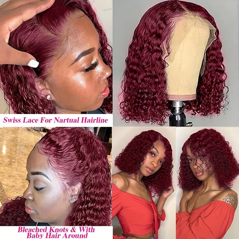 Burgundy 99J Deep Wave Short Bob Wigs 100% Human Hair Wig Water Curly Wig Baby