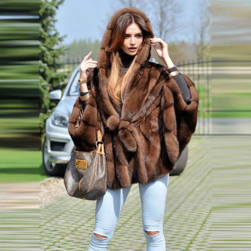 Faux Fur Hooded Batwing Sleeve Women’s Winter Coat — Double-Faced | Coffee | One Size