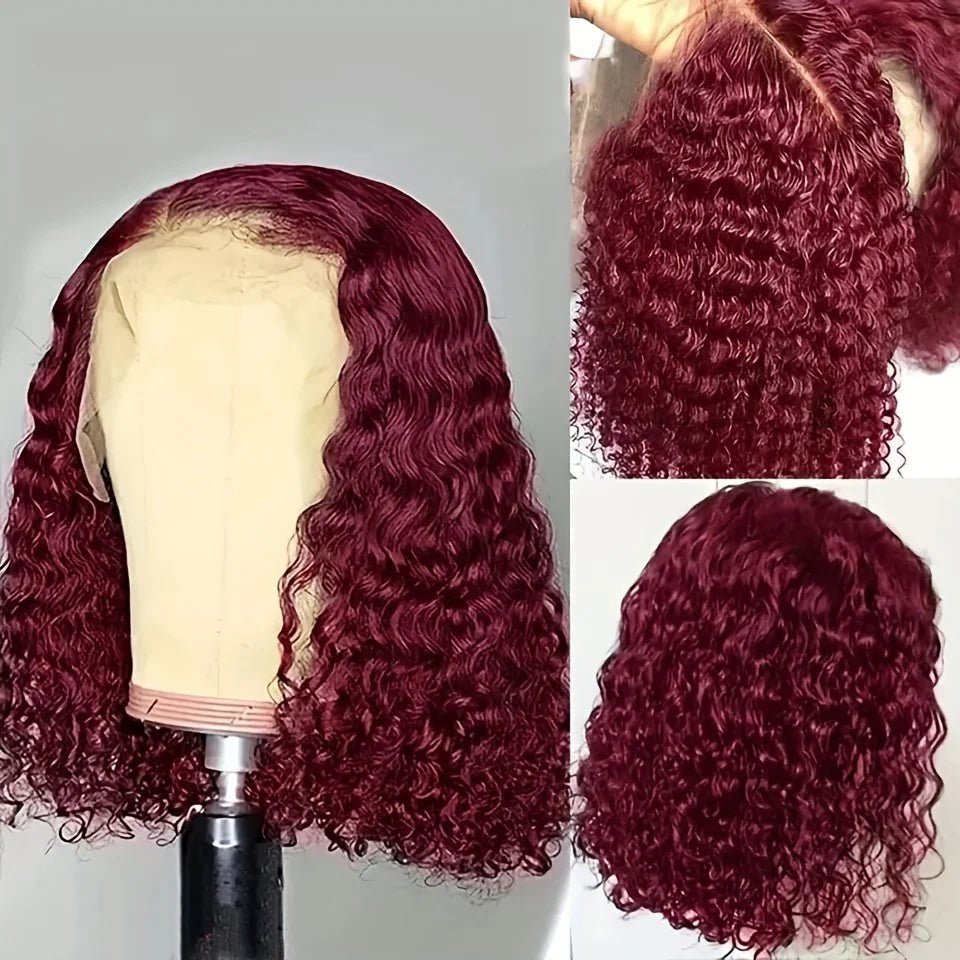 Burgundy 99J Deep Wave Short Bob Wigs 100% Human Hair Wig Water Curly Wig Baby