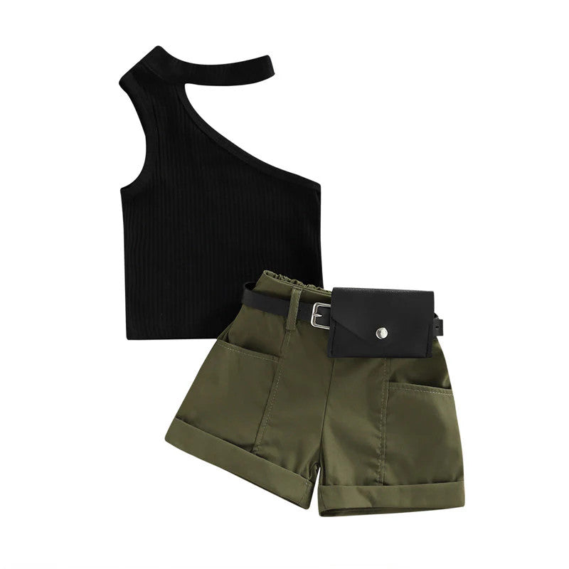 1-5 Years Infant Girl Casual Set Tanks Tops + Shorts + Waist Bag Pockets