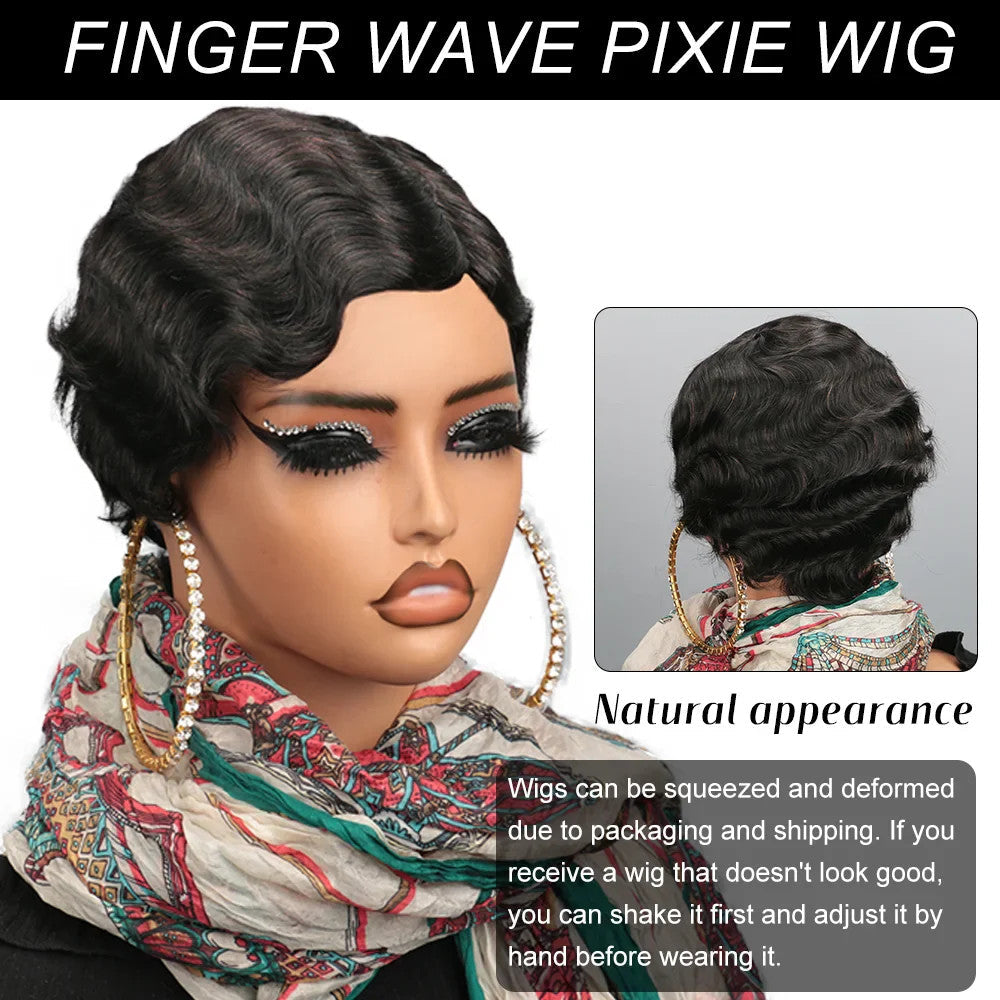 Women's Brown Short Ocean Pixie Wave 100% Human Hair Wig