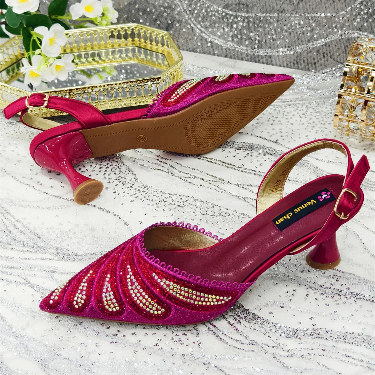 Diamond Studded Slingback Heels & Bag Matching Set — Butterfly Knot | 7 Colours | EU 37–43