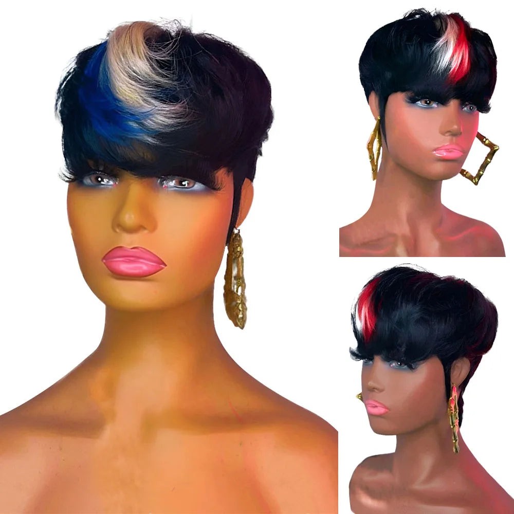 613 Blue Highlight Short Straight Bob Wigs Pixie Human Hair Wig With Bangs Full
