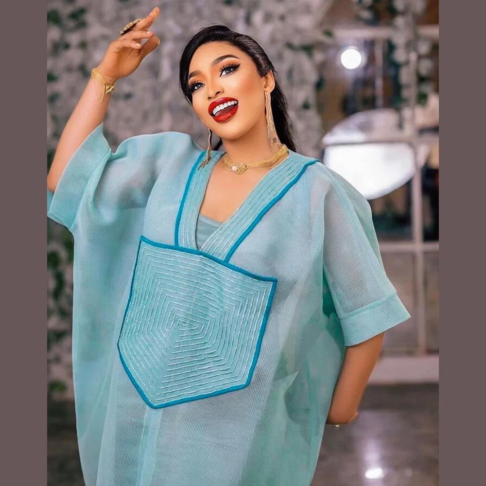 African Modern design blue mesh embroidered deep V-neck plus size skirt with