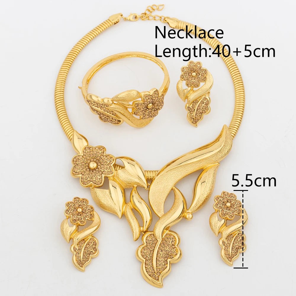Luxury Flower Design Jewelry Set for Women, Gold Color Big Pendant Necklace and