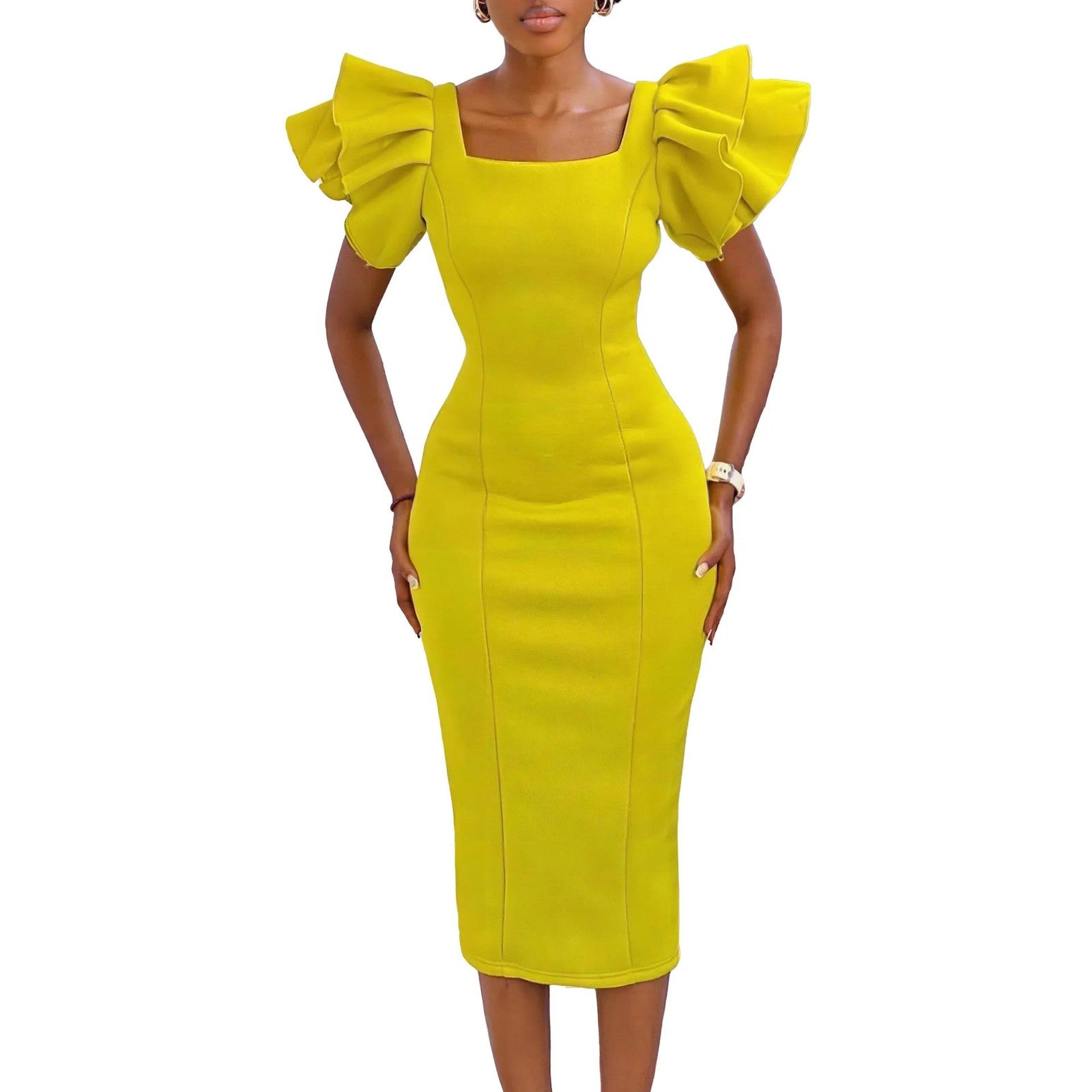 CM.YAYA Women Ruffles Short Sleeve Square Collar Knee Length Dress Street