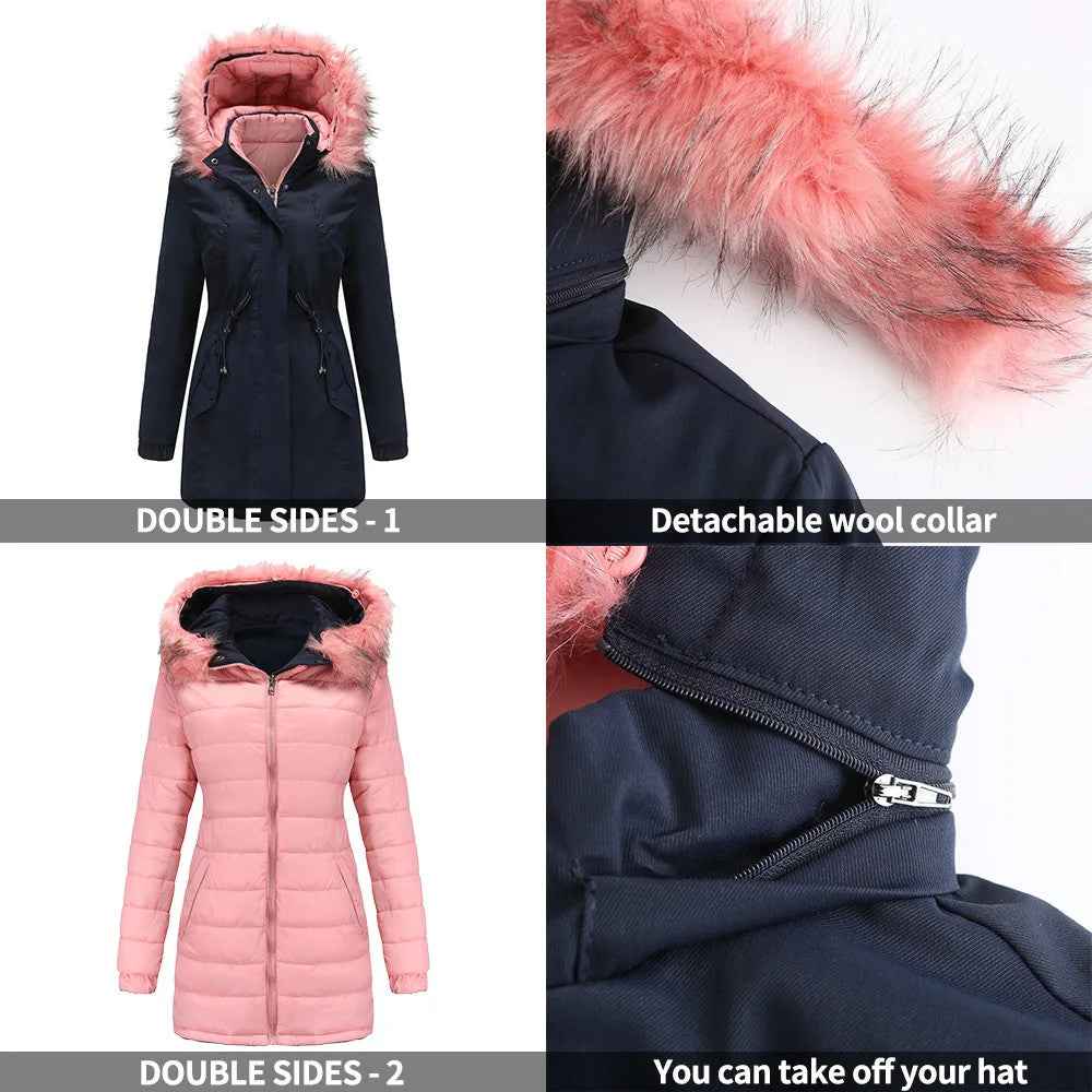 Women's Double-Sided Thick Parka – Detachable Zip | Hooded | Cotton-Padded | Slim Fit | XS–XXXL | 6 Colours
