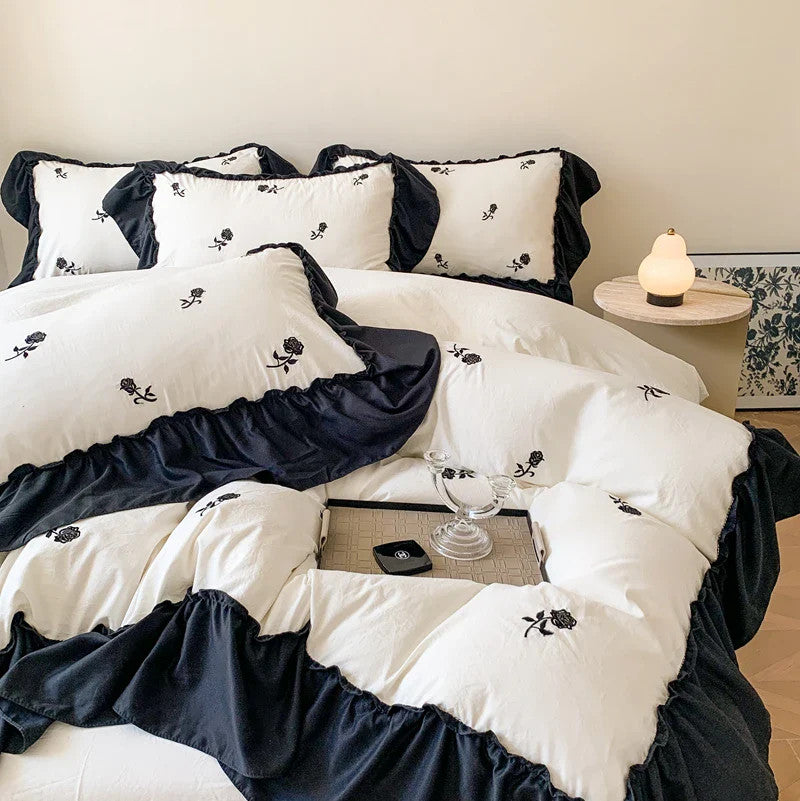 3pcs Rose Embroidered Duvet Cover Set (1*Duvet Cover + 2*Pillowcase, Without