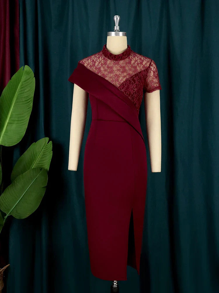 Women's High Neck Lace Patchwork Bodycon Midi Dress – Slim Sheath Evening Gown | Polyester | S–4XL | Black & Wine