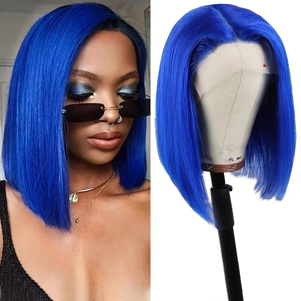 Brazilian Hair Straight Navy Blue Bob Human Hair Wig 180 Density 13x4 HD Lace