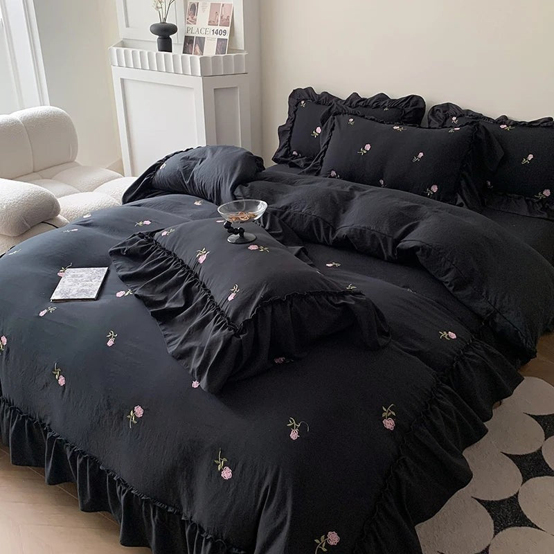 3pcs Rose Embroidered Duvet Cover Set (1*Duvet Cover + 2*Pillowcase, Without