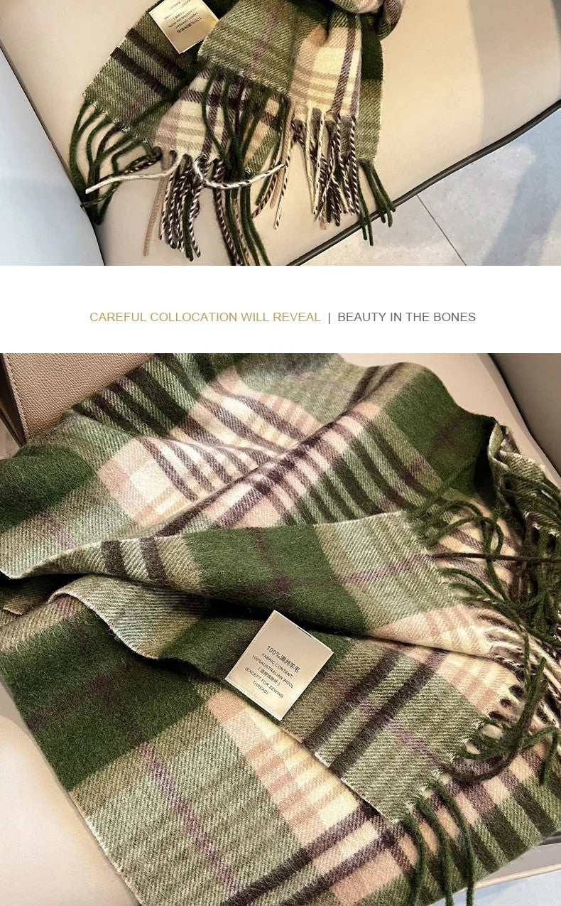 High Quality 100% Pure Wool Plaid Scarf Women Couples Winter Autumn Soft Warm