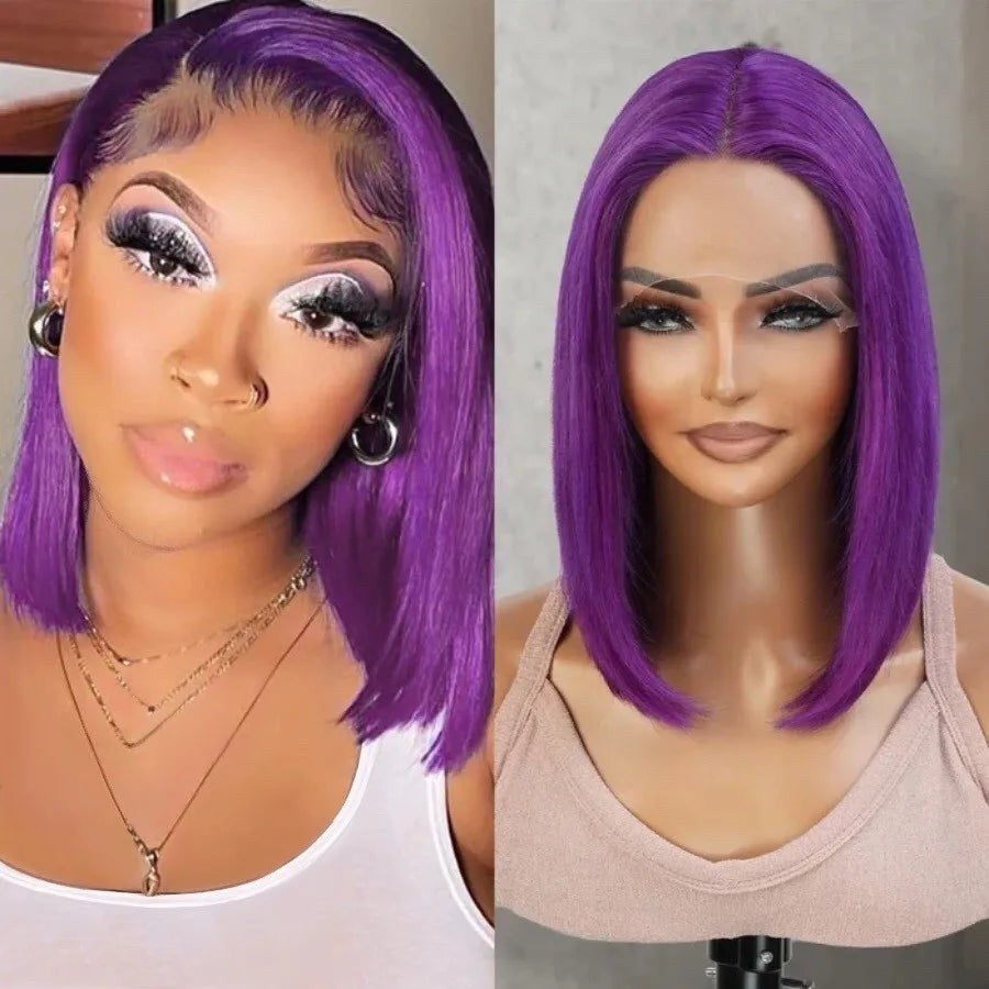 Short Bob Wig 180% Dark Purple Lace Front Human Hair Wigs For Women 13x4 Lace