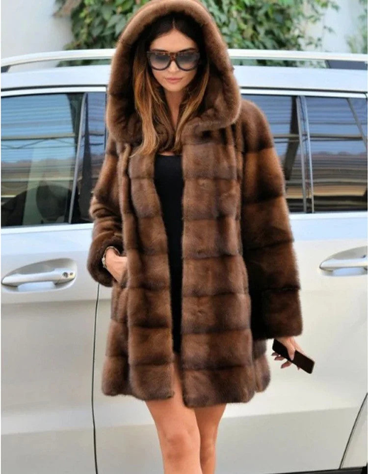 Women's mink fur coat medium long hooded Jacket