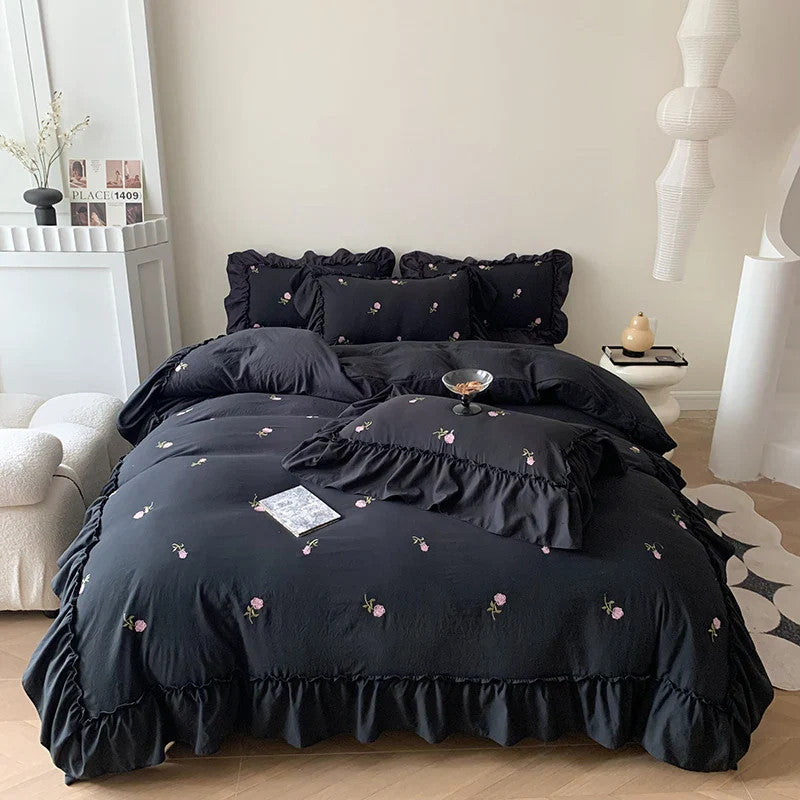 3pcs Rose Embroidered Duvet Cover Set (1*Duvet Cover + 2*Pillowcase, Without